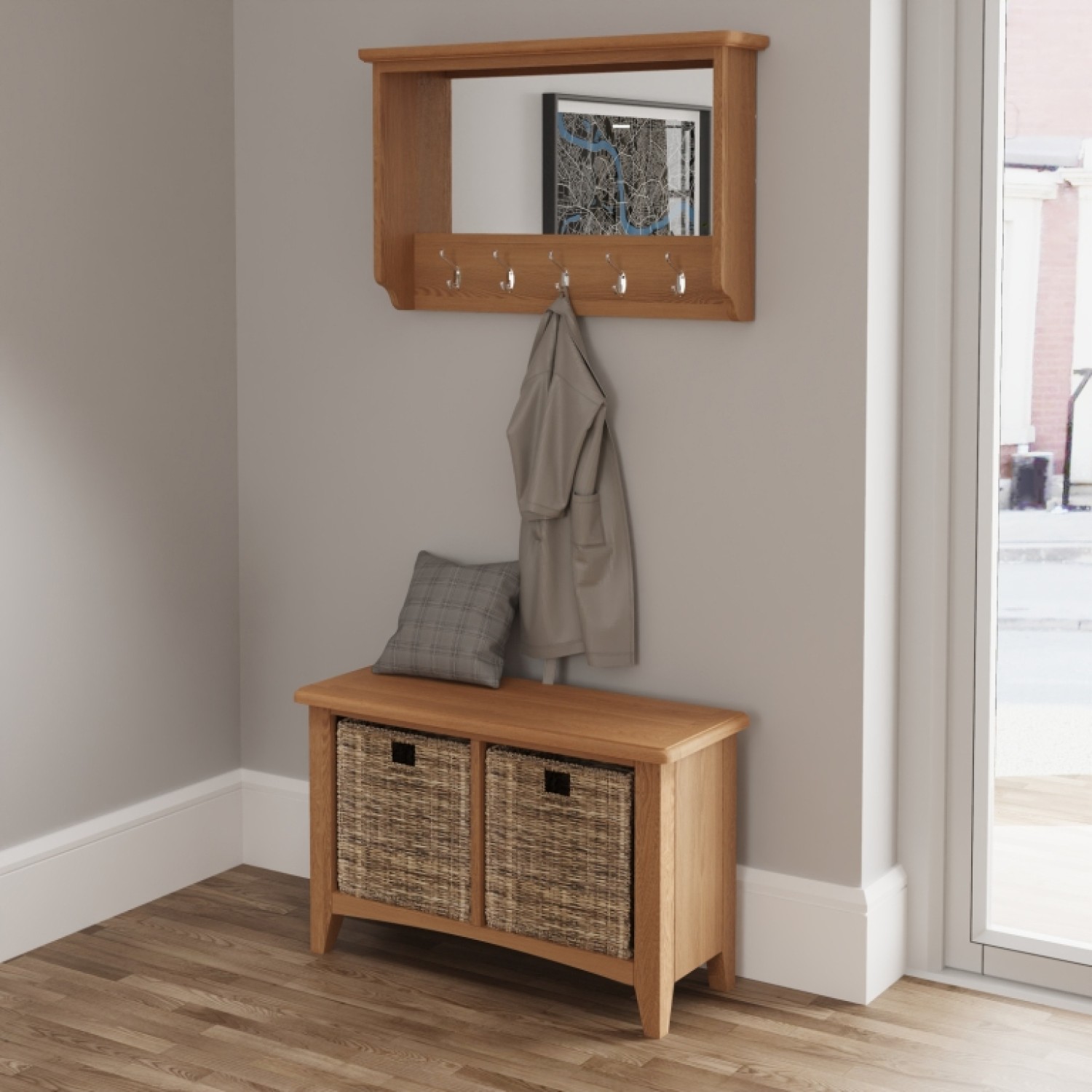 Exeter Light Oak Furniture Hall Bench with Wicker Baskets | Oak